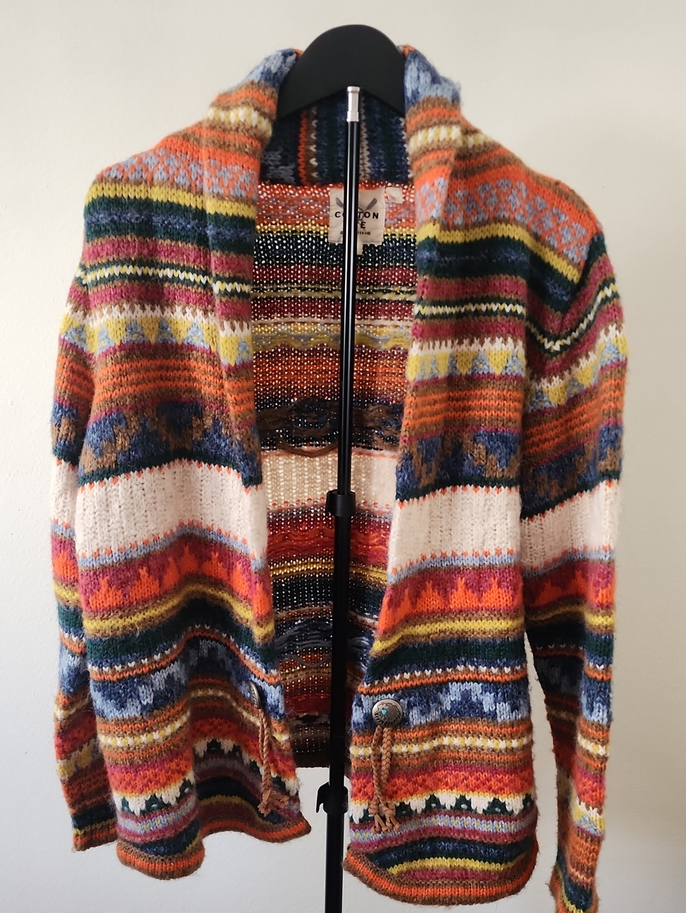 Cotton Rye Fair Isle Striped Shawl Collar Cardigan Sweater Boho